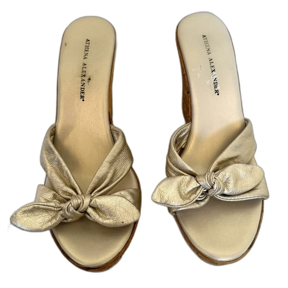 Athena Alexander Gold Cork Wedges Size 9 Shimmer Bow Holiday Metallic
